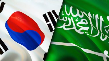 Güney Kore ve Suudi Arabistan bayrakları. 3 boyutlu dalgalanan bayrak tasarımı. Güney Kore Suudi Arabistan bayrağı, resim, duvar kağıdı. Güney Kore, Suudi Arabistan 'a karşı, görüntü 3D. Güney Kore Suudi Arabistan ilişkisi