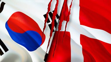 Güney Kore ve Danimarka bayraklarında yara izi var. Dalgalanan bayrak, 3 boyutlu görüntüleme. Güney Kore ve Danimarka çatışma konsepti. Güney Kore Danimarka ilişkileri kavramı. Güney Kore ve Denmar bayrağı