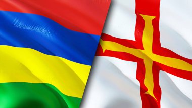 Mauritius ve Guernsey bayrakları. 3 boyutlu dalgalanan bayrak tasarımı. Mauritius Guernsey bayrağı, resim, duvar kağıdı. Mauritius, Guernsey 'e karşı, görüntü 3 boyutlu. Mauritius Guernsey İlişkiler Birliği