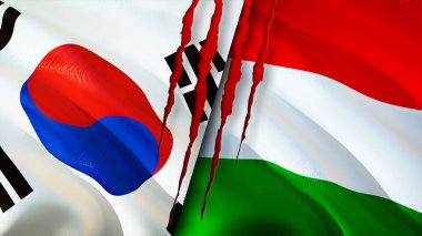 Güney Kore ve Macaristan bayraklarında yara izi var. Dalgalanan bayrak, 3 boyutlu görüntüleme. Güney Kore ve Macaristan çatışma konsepti. Güney Kore Macaristan ilişkileri kavramı. Güney Kore ve Hungar bayrağı