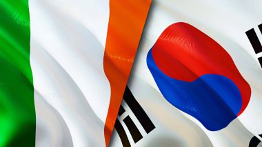 İrlanda ve Güney Kore bayrakları. 3 boyutlu dalgalanan bayrak tasarımı. İrlanda Güney Kore bayrağı, resim, duvar kağıdı. İrlanda, Güney Kore imajına karşı, 3D görüntüleme. İrlanda Güney Kore ilişkileri savaş ittifakı