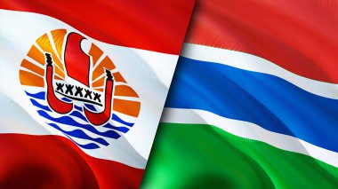 Fransız Polinezyası ve Gambiya bayrakları. 3 boyutlu dalgalanan bayrak tasarımı. Fransız Polinezya Gambiya bayrağı, resim, duvar kağıdı. Fransız Polinezyası Gambiya 'ya karşı, 3 boyutlu canlandırma. Fransız Polinezyası Gambiya ilişkileri ittifak