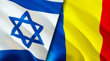 İsrail ve Romanya bayrakları. 3 boyutlu dalgalanan bayrak tasarımı. İsrail Romanya bayrağı, resim, duvar kağıdı. İsrail, Romanya 'ya karşı, görüntü 3D. İsrail-Romanya ilişkileri ittifak ve Ticaret, seyahat ve turizm konsepti