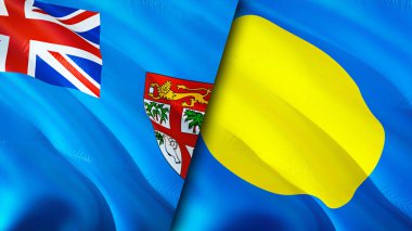 Fiji ve Palau bayrakları. 3 boyutlu dalgalanan bayrak tasarımı. Fiji Palau bayrağı, resim, duvar kağıdı. Fiji vs Palau resmi, 3D görüntüleme. Fiji Palau ilişkileri ittifak ve ticaret, seyahat, turizm konsepti