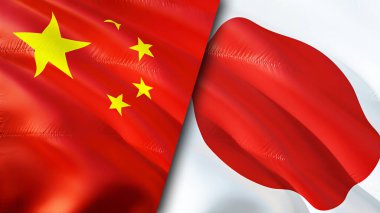 Çin ve Japonya bayrakları. 3 boyutlu dalgalanan bayrak tasarımı. Çin Japonya bayrağı, resim, duvar kağıdı. Çin, Japonya 'ya karşı imaj, 3D görüntüleme. Çin Japonya ilişkileri ittifak ve ticaret, seyahat, turizm konsepti