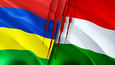 Yara izi olan Mauritius ve Macaristan bayrakları. Dalgalanan bayrak, 3 boyutlu görüntüleme. Mauritius ve Macaristan çatışma konsepti. Mauritius Macaristan ilişkileri kavramı. Mauritius ve Macaristan bayrağı kriz, savaş, attac