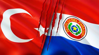 Yara izi olan Türkiye ve Paraguay bayrakları. Dalgalanan bayrak, 3 boyutlu görüntüleme. Türkiye ve Paraguay çatışma konsepti. Türkiye Paraguay ilişkileri kavramı. Türkiye bayrağı ve Paraguay krizi, savaş, saldırı konsepti