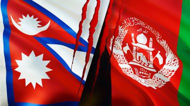 Yara izi olan Nepal ve Afganistan bayrakları. Dalgalanan bayrak, 3 boyutlu görüntüleme. Nepal ve Afganistan çatışma konsepti. Nepal Afganistan ilişkileri kavramı. Nepal ve Afganistan krizi bayrağı, savaş, attac
