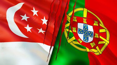 Yara izi olan Singapur ve Portekiz bayrakları. Dalgalanan bayrak, 3 boyutlu görüntüleme. Singapur ve Portekiz çatışma konsepti. Singapur Portekiz ilişkileri kavramı. Singapur bayrağı ve Portekiz krizi, savaş