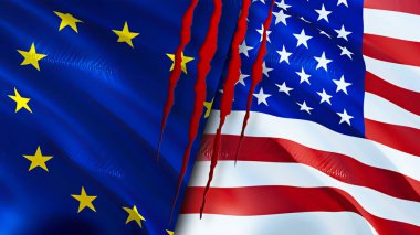 Yara izi olan Avrupa Birliği ve ABD bayrakları. Dalgalanan bayrak, 3 boyutlu görüntüleme. Avrupa Birliği ve Amerika Birleşik Devletleri çatışma konsepti. Avrupa Birliği Birleşik Devletleri ilişkileri kavramı. bayrak o