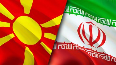 Kuzey Makedonya ve İran bayrakları. 3 boyutlu dalgalanan bayrak tasarımı. Kuzey Makedonya İran bayrağı, resmi, duvar kağıdı. Kuzey Makedonya, İran 'a karşı, görüntü 3D. Kuzey Makedonya İran ilişkileri bir ittifak