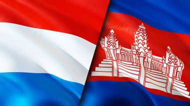 Lüksemburg ve Kamboçya bayrakları. 3 boyutlu dalgalanan bayrak tasarımı. Lüksemburg Kamboçya bayrağı, resim, duvar kağıdı. Lüksemburg Kamboçya 'ya karşı, görüntü 3 boyutlu. Lüksemburg Kamboçya ilişkileri