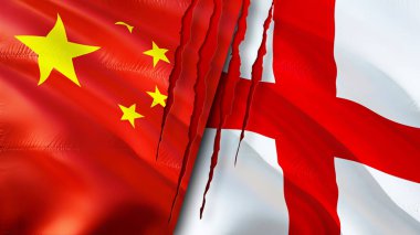 Yara izi olan Çin ve İngiltere bayrakları. Dalgalanan bayrak, 3 boyutlu görüntüleme. Çin ve İngiltere çatışma konsepti. Çin İngiltere ilişkileri kavramı. Çin ve İngiltere bayrağı krizi, savaş, saldırı konsepti