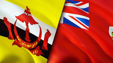 Brunei ve Bermuda bayrakları. 3 boyutlu dalgalanan bayrak tasarımı. Brunei Bermuda bayrağı, resim, duvar kağıdı. Brunei, Bermuda 'ya karşı, görüntü 3 boyutlu. Brunei Bermuda ilişkileri ittifak ve ticaret, seyahat, turizm konsepti