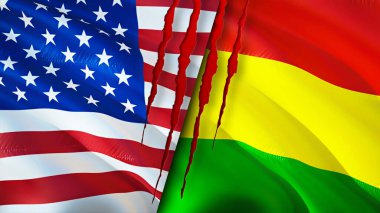 ABD ve Bolivya bayraklarında yara izi var. Dalgalanan bayrak, 3 boyutlu görüntüleme. ABD ve Bolivya çatışma konsepti. ABD Bolivya ilişkileri kavramı. ABD ve Bolivya bayrağı krizi, savaş, saldırı konsepti