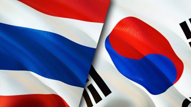 Tayland ve Güney Kore bayrakları. 3 boyutlu dalgalanan bayrak tasarımı. Tayland Güney Kore bayrağı, resim, duvar kağıdı. Tayland, Güney Kore imajına karşı, 3 boyutlu görüntüleme. Tayland Güney Kore ilişkileri