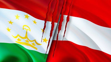 Tacikistan ve Avusturya yara izi kavramına sahip bayraklar. Dalgalanan bayrak, 3 boyutlu görüntüleme. Tacikistan ve Avusturya çatışma konsepti. Tacikistan Avusturya ilişkileri kavramı. Tacikistan bayrağı ve Avusturya krizi, savaş