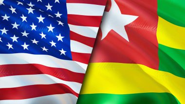 ABD ve Togo bayrakları. 3 boyutlu dalgalanan bayrak tasarımı. ABD Togo bayrağı, resim, duvar kağıdı. ABD Togo 'ya karşı, görüntü 3 boyutlu. ABD Togo ilişkileri ittifak ve ticaret, seyahat, turizm konsepti