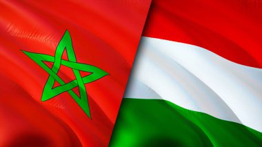 Fas ve Macaristan bayrakları. 3 boyutlu dalgalanan bayrak tasarımı. Fas Macaristan bayrağı, resim, duvar kağıdı. Fas, Macaristan 'a karşı, görüntü 3D. Fas Macaristan ilişkileri ittifak ve ticaret, seyahat, turizm konsepti