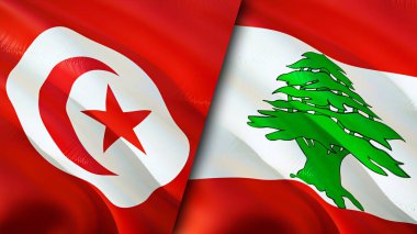 Tunus ve Lübnan bayrakları. 3 boyutlu dalgalanan bayrak tasarımı. Tunus Lübnan bayrağı, resim, duvar kağıdı. Tunus, Lübnan imajına karşı, 3 boyutlu canlandırma. Tunus Lübnan ilişkileri ittifak ve ticaret, seyahat, turizm konsepti