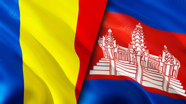 Romanya ve Kamboçya bayrakları. 3 boyutlu dalgalanan bayrak tasarımı. Romanya Kamboçya bayrağı, resim, duvar kağıdı. Romanya Kamboçya 'ya karşı, görüntü 3 boyutlu. Romanya Kamboçya ilişkileri ittifak ve Ticaret, seyahat, turnuva