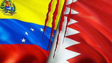 Venezuela ve Bahreyn yara izi olan bayraklar. Dalgalanan bayrak, 3 boyutlu görüntüleme. Venezuela ve Bahreyn çatışma konsepti. Venezuela Bahreyn ilişkileri kavramı. Venezuela ve Bahreyn bayrağı krizi, savaş, attac