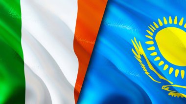 İrlanda ve Kazakistan bayrakları. 3 boyutlu dalgalanan bayrak tasarımı. İrlanda Kazakistan bayrağı, resim, duvar kağıdı. İrlanda, Kazakistan 'a karşı, görüntü 3 boyutlu. İrlanda Kazakistan savaş ittifakı kavramı ile ilişkilidir. Ticaret