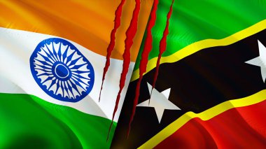 Hindistan, Saint Kitts ve Nevis bayrakları yara izi konseptiyle. Dalgalanan bayrak, 3 boyutlu görüntüleme. Hindistan ve Saint Kitts ve Nevis çatışma konsepti. Hindistan Saint Kitts ve Nevis ilişkileri kavramı. Hindistan bayrağı.