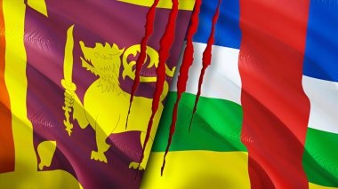 Sri Lanka ve Orta Afrika Cumhuriyeti yara izi kavramına sahip bayraklar. Dalgalanan bayrak, 3 boyutlu görüntüleme. Sri Lanka ve Orta Afrika Cumhuriyeti çatışma konsepti. Sri Lanka Orta Afrika Cumhuriyeti ilişkileri