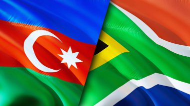 Azerbaycan ve Güney Afrika bayrakları. 3 boyutlu dalgalanan bayrak tasarımı. Azerbaycan Güney Afrika bayrağı, resim, duvar kağıdı. Azerbaycan, Güney Afrika imajına karşı, 3D görüntüleme. Azerbaycan Güney Afrika ilişkileri ittifak