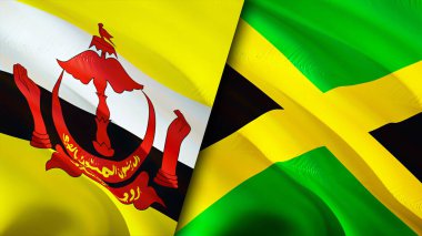 Brunei ve Jamaika bayrakları. 3 boyutlu dalgalanan bayrak tasarımı. Brunei Jamaika bayrağı, resim, duvar kağıdı. Brunei, Jamaika 'ya karşı, görüntü 3 boyutlu. Brunei Jamaika ilişkileri ittifak ve ticaret, seyahat, turizm konsepti
