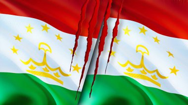 Tacikistan ve Tacikistan bayrakları ve yara izi konsepti. Dalgalanan bayrak, 3 boyutlu görüntüleme. Tacikistan ve Tacikistan çatışma konsepti. Tacikistan Tacikistan ilişkileri kavramı. Tacikistan ve Tacikistanın bayrağı