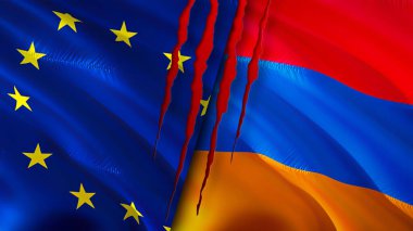 Yara izi olan Avrupa Birliği ve Ermenistan bayrakları. Dalgalanan bayrak, 3 boyutlu görüntüleme. Avrupa Birliği ve Ermenistan çatışması kavramı. Avrupa Birliği Ermenistan ilişkileri kavramı. Avrupa Birliği bayrağı