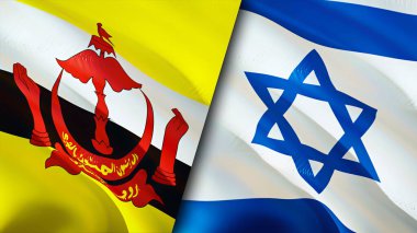 Brunei ve İsrail bayrakları. 3 boyutlu dalgalanan bayrak tasarımı. Brunei İsrail bayrağı, resim, duvar kağıdı. Brunei İsrail 'e karşı, görüntü 3 boyutlu. Brunei İsrail ilişkileri ittifak ve ticaret, seyahat, turizm konsepti
