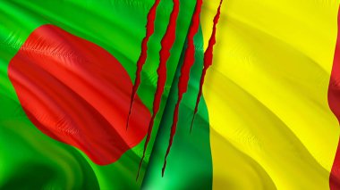 Yara izi olan Bangladeş ve Mali bayrakları. Dalgalanan bayrak, 3 boyutlu görüntüleme. Bangladeş ve Mali çatışma konsepti. Bangladeş Mali ilişkileri kavramı. Bangladeş bayrağı ve Mali krizi, savaş, saldırı konsepti