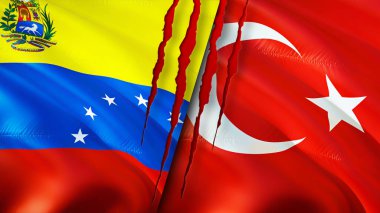 Venezuela ve Hindi bayraklarında yara izi var. Dalgalanan bayrak, 3 boyutlu görüntüleme. Venezuela ve Türkiye çatışması konsepti. Venezuela Türkiye ilişkileri kavramı. Venezuela ve Türkiye bayrağı kriz, savaş, attac