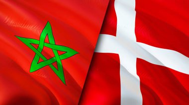 Fas ve Danimarka bayrakları. 3 boyutlu dalgalanan bayrak tasarımı. Fas Danimarka bayrağı, resim, duvar kağıdı. Fas, Danimarka imajına karşı, 3D görüntüleme. Fas Danimarka ilişkileri ittifak ve ticaret, seyahat, turizm konsepti