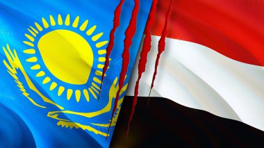 Yara izi olan Kazakistan ve Yemen bayrakları. Dalgalanan bayrak, 3 boyutlu görüntüleme. Kazakistan ve Yemen çatışma konsepti. Kazakistan Yemen ilişkileri kavramı. Kazakistan ve Yemen bayrağı kriz, savaş, attac