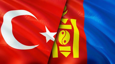 Türkiye ve Moğolistan bayrakları. 3 boyutlu dalgalanan bayrak tasarımı. Hindi Moğolistan bayrağı, resim, duvar kağıdı. Türkiye Moğolistan 'a karşı, görüntü 3 boyutlu. Türkiye Moğolistan ilişkileri ittifak ve ticaret, seyahat ve turizm consepti