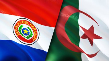 Paraguay ve Cezayir bayrakları. 3 boyutlu dalgalanan bayrak tasarımı. Paraguay Cezayir bayrağı, resim, duvar kağıdı. Paraguay, Cezayir 'e karşı, görüntü 3 boyutlu. Paraguay Cezayir ilişkileri ittifak ve ticaret, seyahat, turnuva