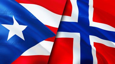 Porto Riko ve Norveç bayrakları. 3 boyutlu dalgalanan bayrak tasarımı. Porto Riko Norveç bayrağı, resim, duvar kağıdı. Porto Riko Norveç 'e karşı, görüntü 3 boyutlu. Porto Riko Norveç ilişkileri ve