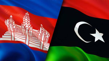 Kamboçya ve Libya bayrakları. 3 boyutlu dalgalanan bayrak tasarımı. Kamboçya Libya bayrağı, resim, duvar kağıdı. Kamboçya, Libya imajına karşı, 3D görüntüleme. Kamboçya Libya ilişkileri ittifak ve ticaret, seyahat, turizm konsepti