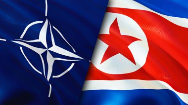 NATO ve Kuzey Kore bayrakları. 3 boyutlu dalgalanan bayrak tasarımı. Kuzey Kore NATO bayrağı, resim, duvar kağıdı. NATO, Kuzey Kore 'ye karşı, görüntü 3D. NATO Kuzey Kore ilişkileri ittifak ve ticaret, seyahat, turnuva