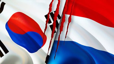 Güney Kore ve Hollanda yara izi olan bayraklar. Dalgalanan bayrak, 3 boyutlu görüntüleme. Güney Kore ve Hollanda çatışma konsepti. Güney Kore Hollanda ilişkileri kavramı. Güney Kore bayrağı