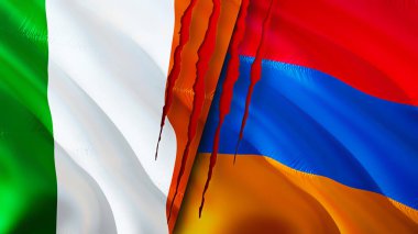 İrlanda ve Ermenistan yara izi olan bayraklar. 3D bayrak sallama. İrlanda ve Ermenistan çatışma konsepti. İrlanda Ermenistan ilişkileri kavramı. İrlanda bayrağı ve Ermenistan krizi, savaş, saldırı konsepti