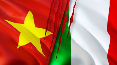 Vietnam ve İtalya bayrakları. 3 boyutlu dalgalanan bayrak tasarımı. Vietnam İtalya bayrağı, resim, duvar kağıdı. Vietnam İtalya 'ya karşı, görüntü 3 boyutlu. Vietnam İtalya ilişkileri ittifak ve ticaret, seyahat, turizm konsepti