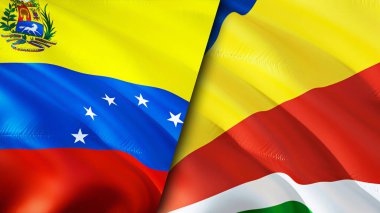 Venezuela ve Seyşel bayrakları. 3 boyutlu dalgalanan bayrak tasarımı. Venezuela Seyşeller bayrağı, resim, duvar kağıdı. Venezuela, Seyşeller 'in 3D görüntüsüne karşı. Venezuela Seyşeller 'in ilişkileri...