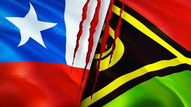 Yara izi olan Şili ve Vanuatu bayrakları. Dalgalanan bayrak, 3 boyutlu görüntüleme. Şili ve Vanuatu çatışma konsepti. Şili Vanuatu ilişkileri kavramı. Şili ve Vanuatu bayrağı krizi, savaş, saldırı konsepti