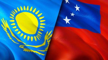 Kazakistan ve Samoa bayrakları. 3 boyutlu dalgalanan bayrak tasarımı. Kazakistan Samoa bayrağı, resim, duvar kağıdı. Kazakistan Samoa 'ya karşı, 3 boyutlu görüntüleme. Kazakistan Samoa ilişkileri ittifak ve ticaret, seyahat, turnuva