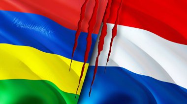 Mauritius ve Hollanda yara izi olan bayraklar. Dalgalanan bayrak, 3 boyutlu görüntüleme. Mauritius ve Hollanda çatışma konsepti. Mauritius Hollanda ilişkileri kavramı. Mauritius ve Hollanda bayrağı